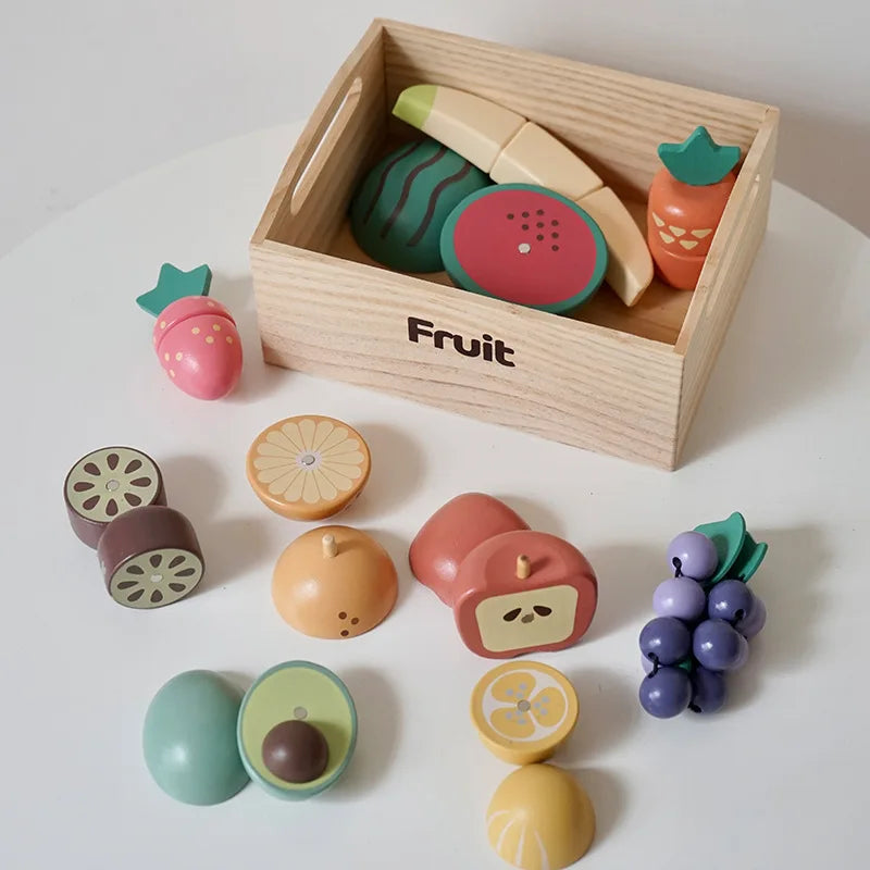 Ensemble de jeu de cuisine en bois pour enfants avec accessoires alimentaires à découper - Fruits, Légumes et jouets de boulangerie