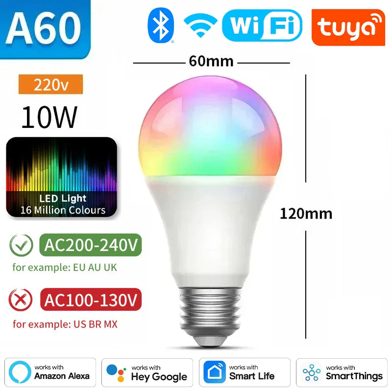 Ampoule Intelligente Tuya E27 10W 15W - RGB Dimmable Contrôle WiFi Bluetooth via SmartLife Google Alexa Apps