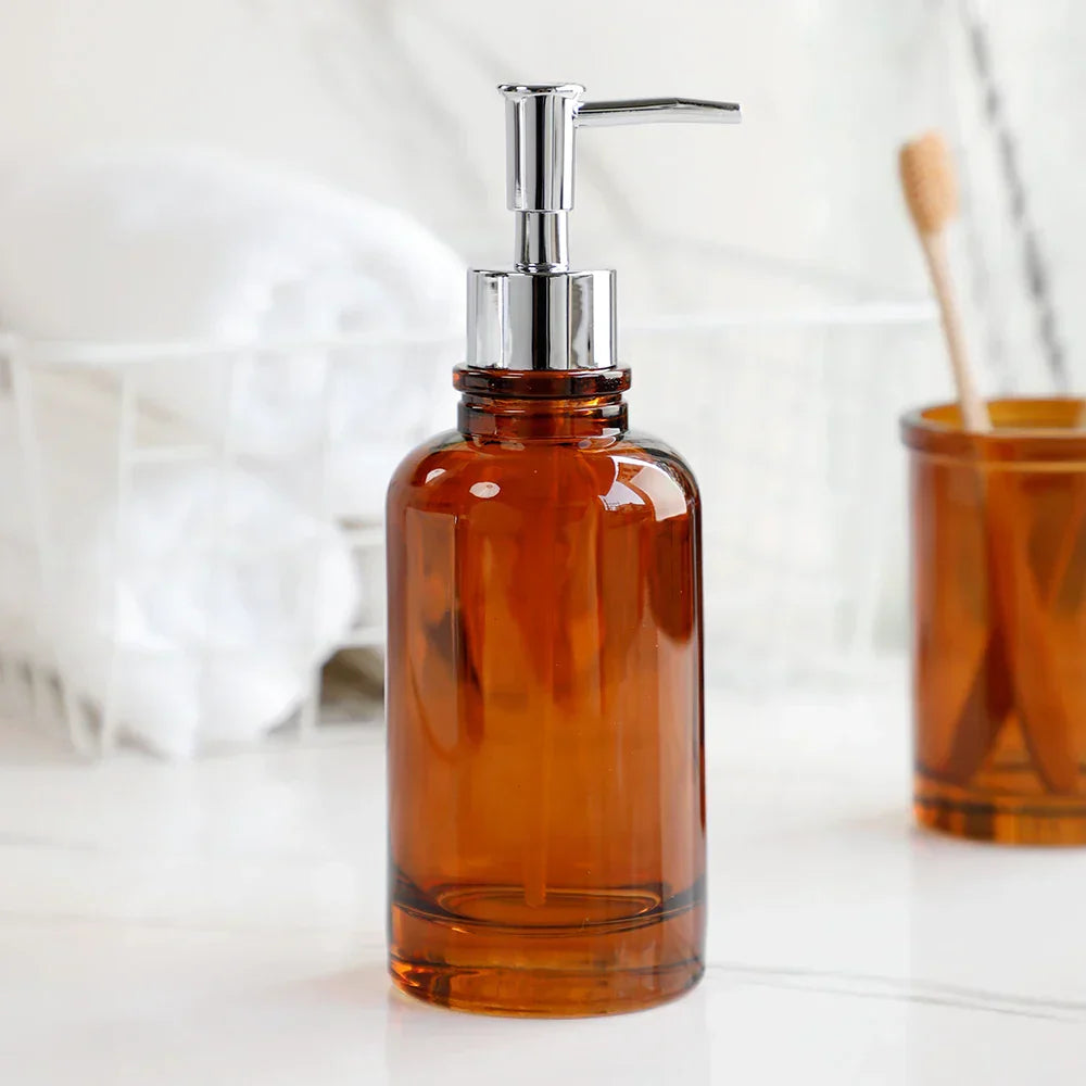 Floroux Glass Bathroom Set | 4 Pieces | Elegant Apothecary Design | Soap Dispenser, Toothbrush Holder and Accessories