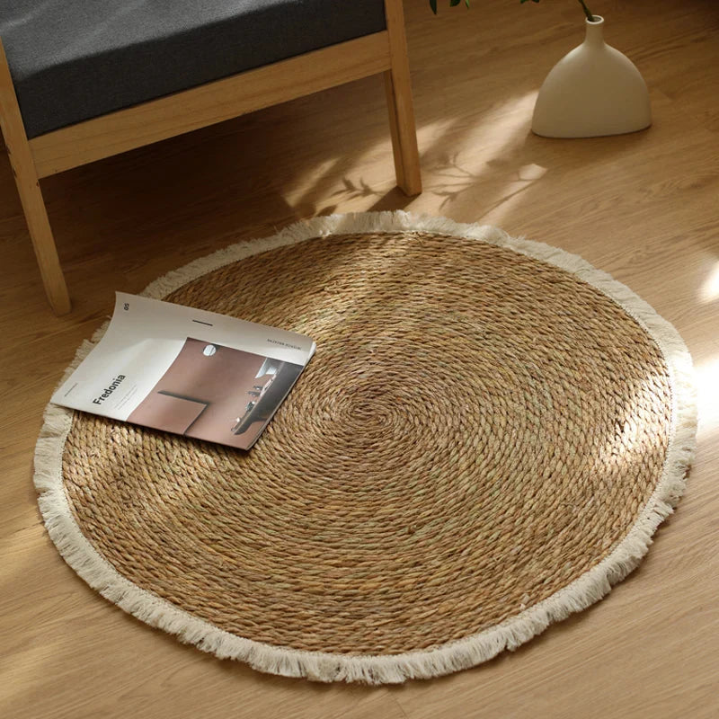 Tapis rond en jute et rotin fait main avec franges – tapis vintage pour chambre, salon et entrée