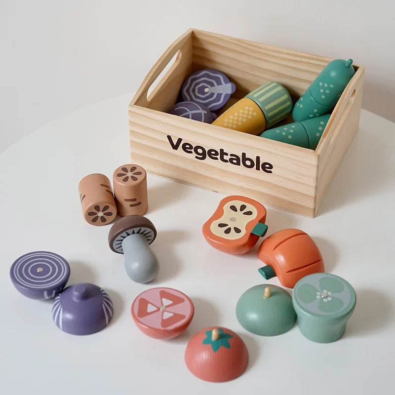 Ensemble de jeu de cuisine en bois pour enfants avec accessoires alimentaires à découper - Fruits, Légumes et jouets de boulangerie