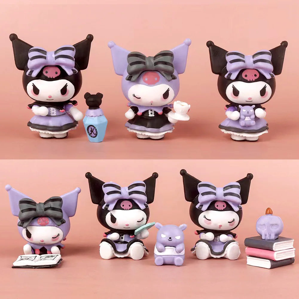 Sanrio Kuromi 6Pcs Boîte Mystère Figurines d'Action - Série de Divination Chanceuse Jolis Poupées Anime pour Collectionneurs