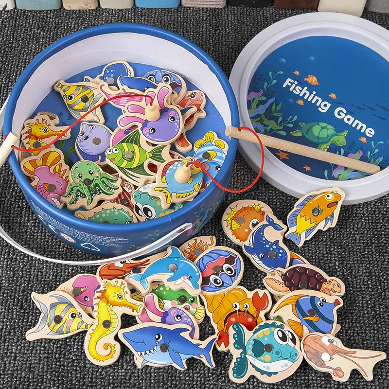 Jeu de pêche en bois Montessori interactif - Jouet d'apprentissage sur la vie marine magnétique pour enfants, engagement parent-enfant, design écologique