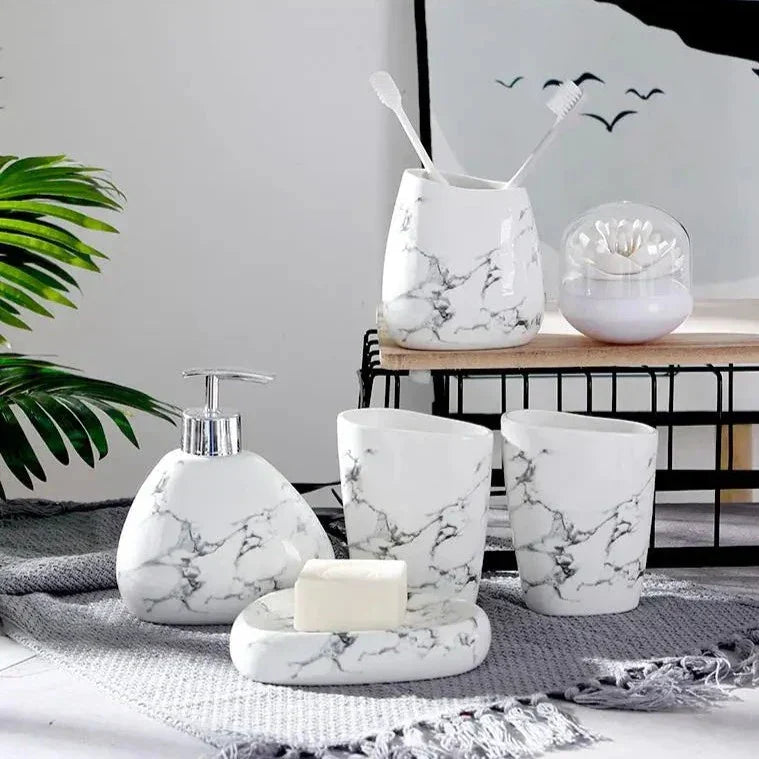 Floroux Set de salle de bain 7 pièces | Design en marbre élégant | Accessoires de bain luxueux et pratiques