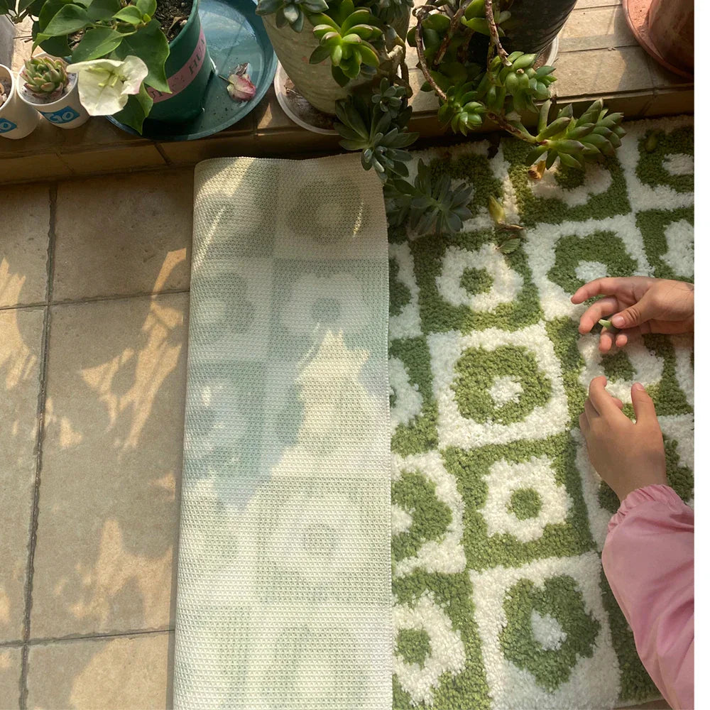 Tapis en laine douce tufté avec motif à carreaux floraux – Tapis de sol antidérapant et absorbant pour la salle de bain, la chambre et l'entrée
