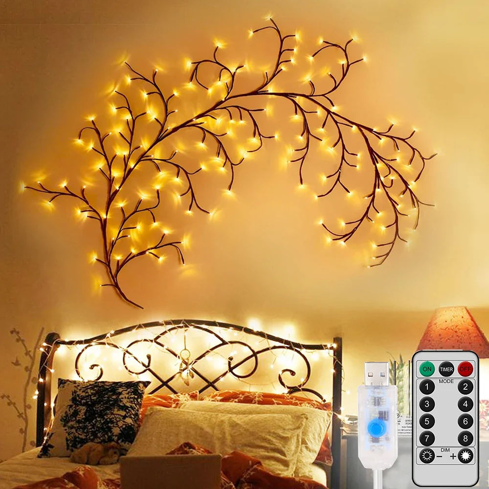 96LED Lumières de Noël DIY à énergie solaire et USB pour arbres et vignes - 8 modes lampe décorative blanche chaude pour Noël et décoration de fête à la maison