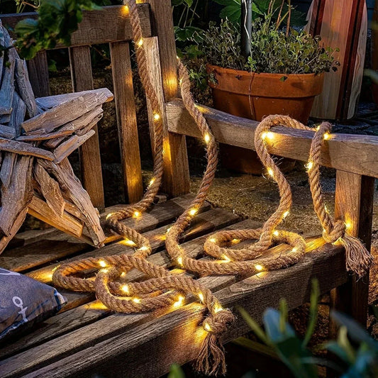 Floroux | Lampe en corde de chanvre alimentée par solaire | Éclairage décoratif durable pour jardin et terrasse