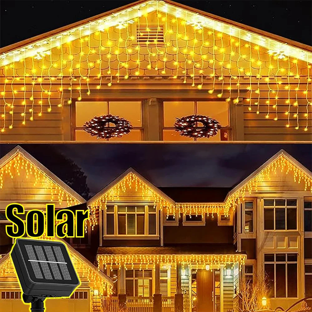 Guirlande lumineuse icicle solaire étanche - Décor de Noël d'extérieur avec 96 LED, 8 modes et télécommande pour jardin, patio, fête 3,5 m (137,7 pouces)