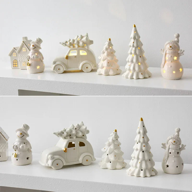 Bonhomme de neige en céramique lumineux – Figurine décorative festive pour des soirées d'hiver chaleureuses