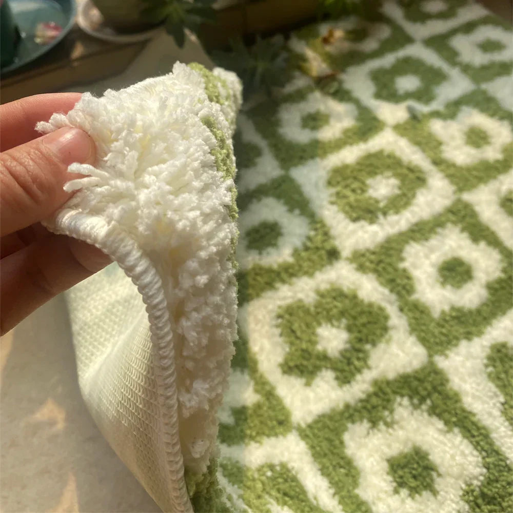 Tapis en laine douce tufté avec motif à carreaux floraux – Tapis de sol antidérapant et absorbant pour la salle de bain, la chambre et l'entrée