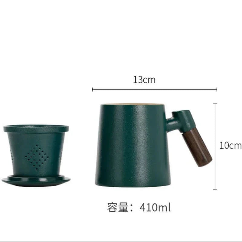 Tasses avec couvercle, filtre et poignée en bois. Une théière dans une tasse !