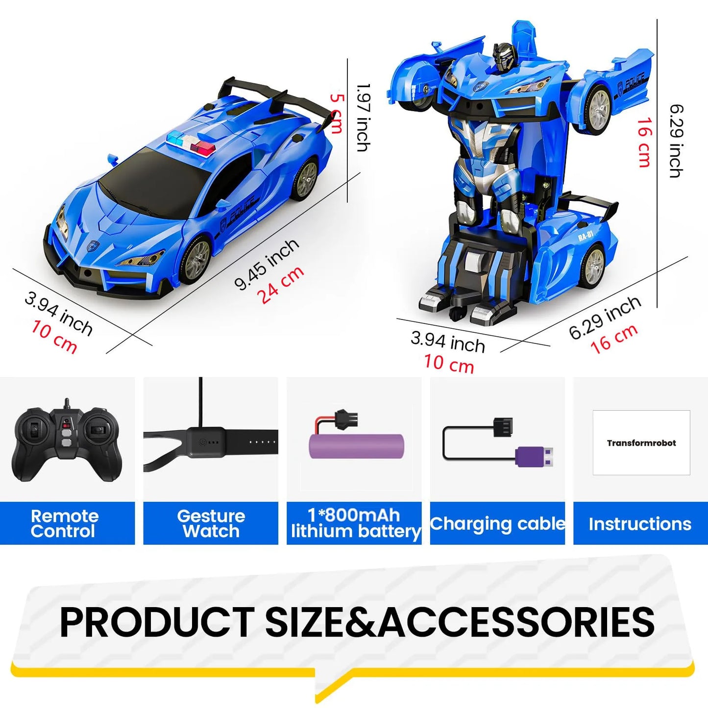 Voiture de police robot télécommandée à contrôle gestuel avec lumières LED - Jouet amusant pour enfants, transformation 2,4 GHz