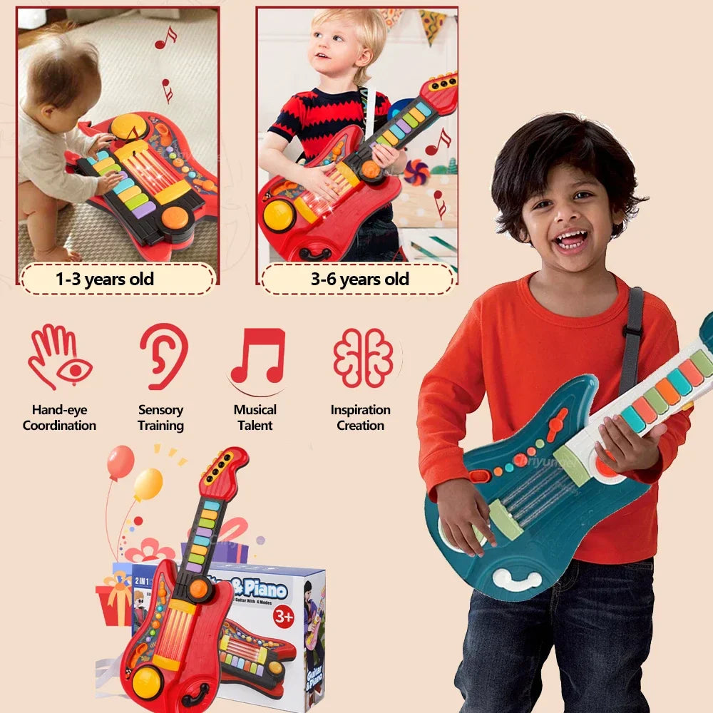 Jouet musical multifonctionnel 3-en-1 pour enfants - Guitare pliable, piano et ensemble de tambours, cadeau d'anniversaire parfait pour les garçons et les filles de 3 ans et plus