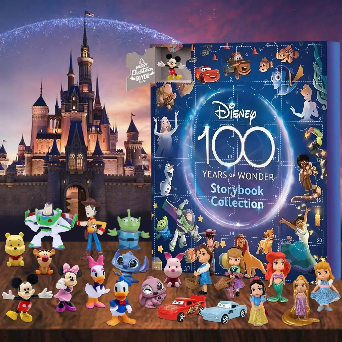 Calendrier de l'Avent de Noël 2024 avec des jouets Mickey, Minnie, Stitch et Hello Kitty pour enfants