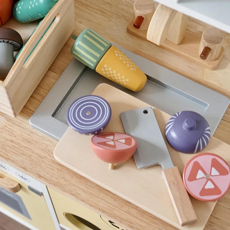 Ensemble de jeu de cuisine en bois pour enfants avec accessoires alimentaires à découper - Fruits, Légumes et jouets de boulangerie