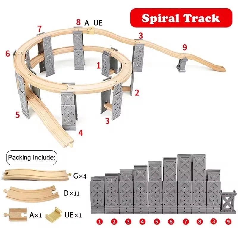 Set de rails de train en bois avec pistes en spirale et piliers de pont - 26 pièces Cadeau écologique pour enfants