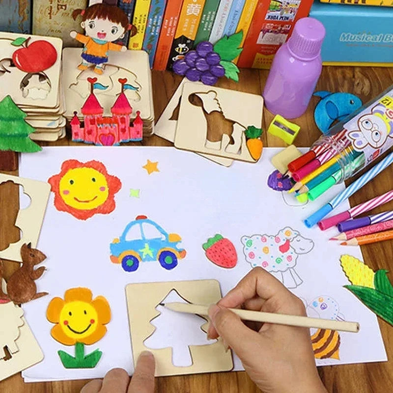 Ensemble de pochoirs art en bois DIY pour enfants - Outils de peinture et de dessin créatifs, fournitures d'art éducatives