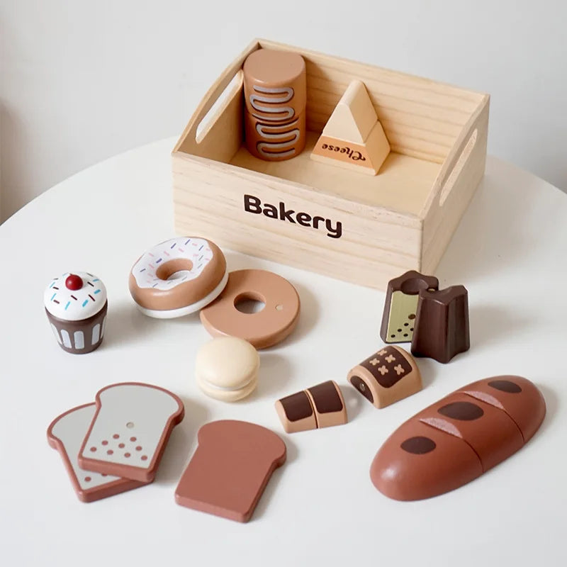 Ensemble de jeu de cuisine en bois pour enfants avec accessoires alimentaires à découper - Fruits, Légumes et jouets de boulangerie