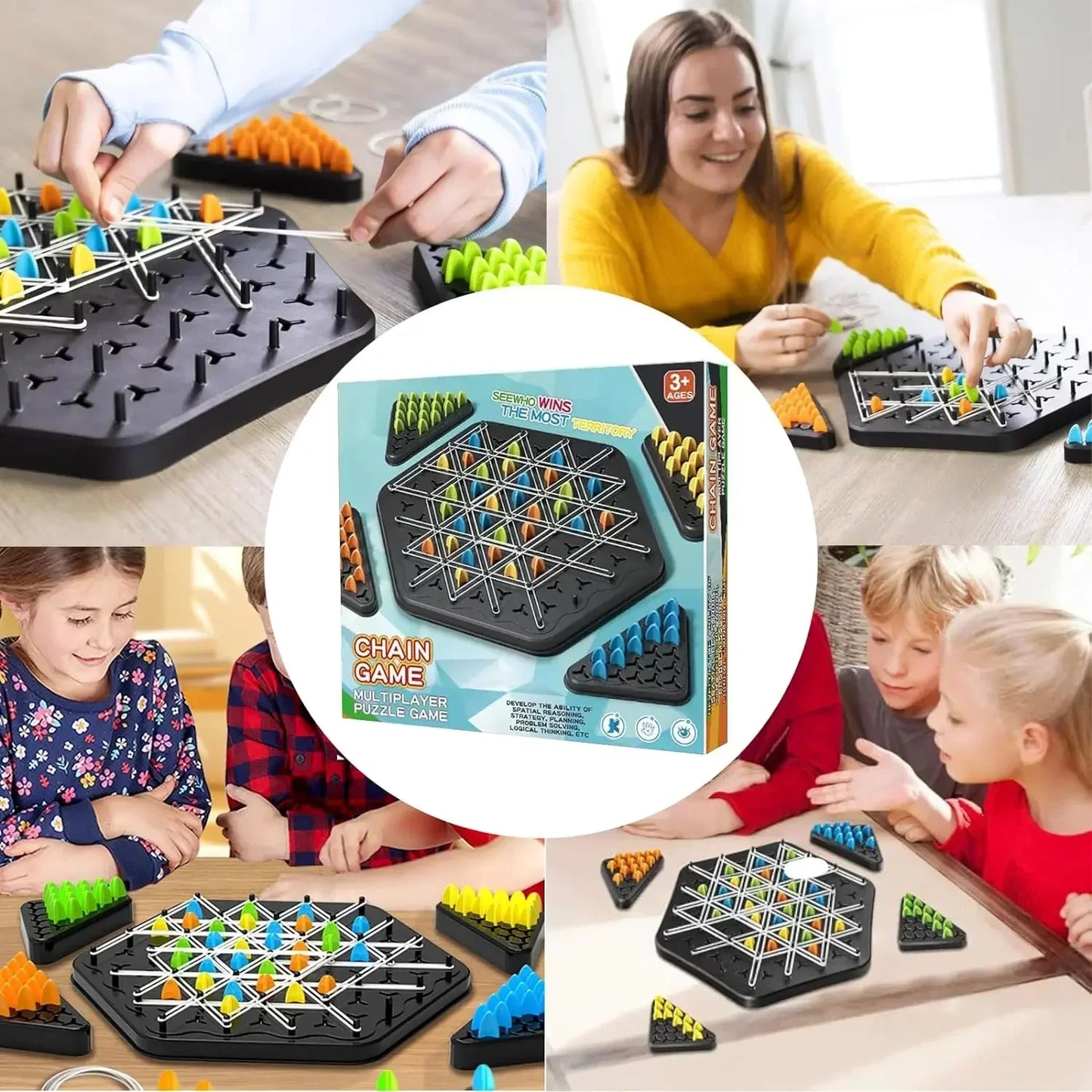 Jeu d'échecs Triangle Strategy pour 2-4 joueurs - Jeu de société amusant en famille pour enfants et adultes avec défi de bande en caoutchouc
