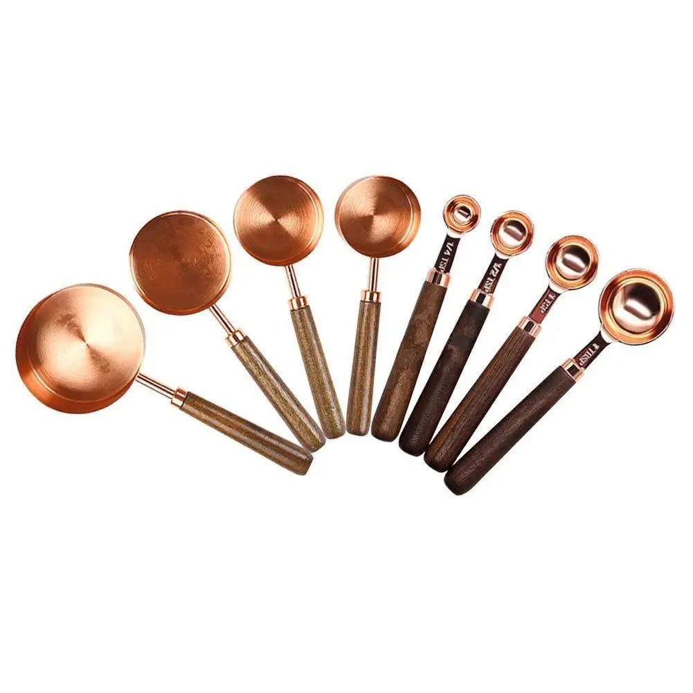 Ensemble de tasses à mesurer en bois d'acacia et cuillère à mesurer en or rose - Essentiels de pâtisserie