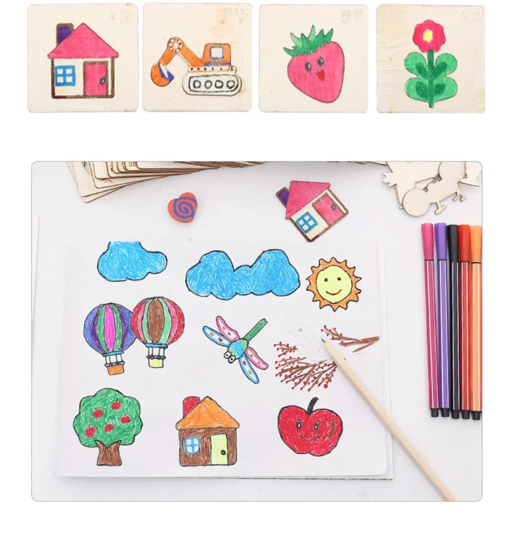 Ensemble de pochoirs art en bois DIY pour enfants - Outils de peinture et de dessin créatifs, fournitures d'art éducatives