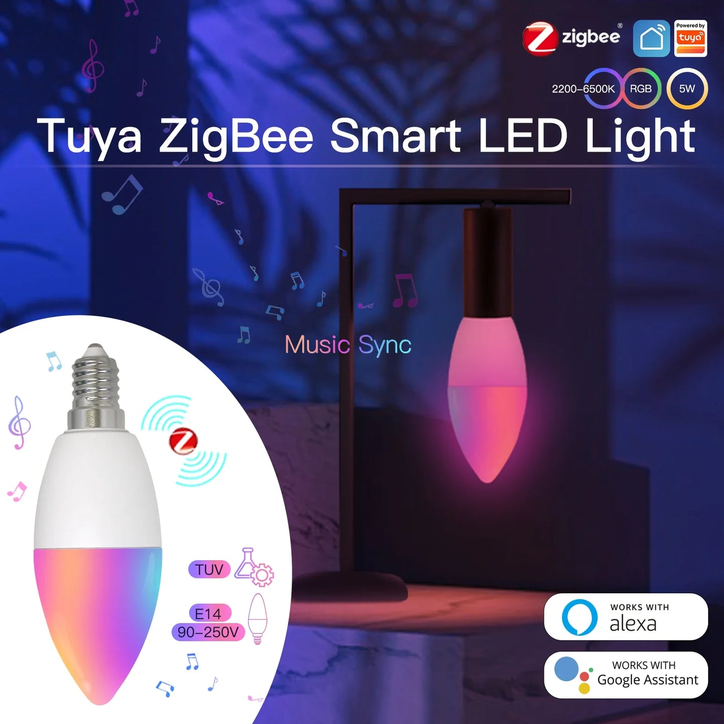 Ampoule LED Tuya Zigbee E14 - Lampe à bougie WiFi RGB Contrôle via SmartLife Google Alexa Apps