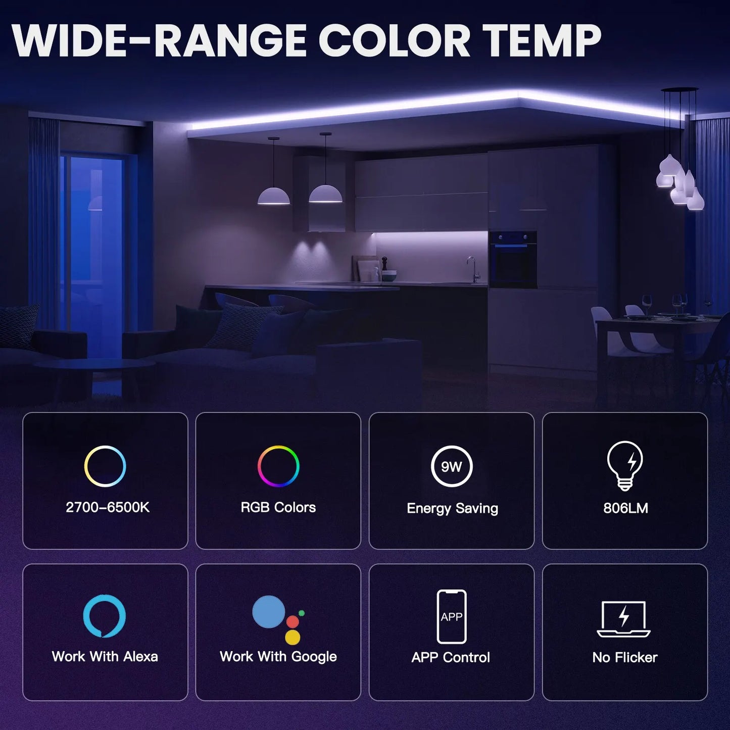 Ampoule LED Bluetooth Tuya Smart E27 9W - WiFi RGB Dimmable Contrôle via SmartLife Google Alexa Apps