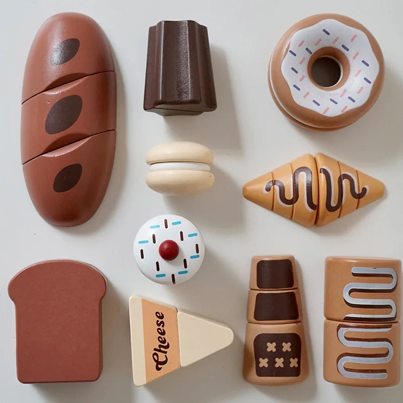 Ensemble de jeu de cuisine en bois pour enfants avec accessoires alimentaires à découper - Fruits, Légumes et jouets de boulangerie