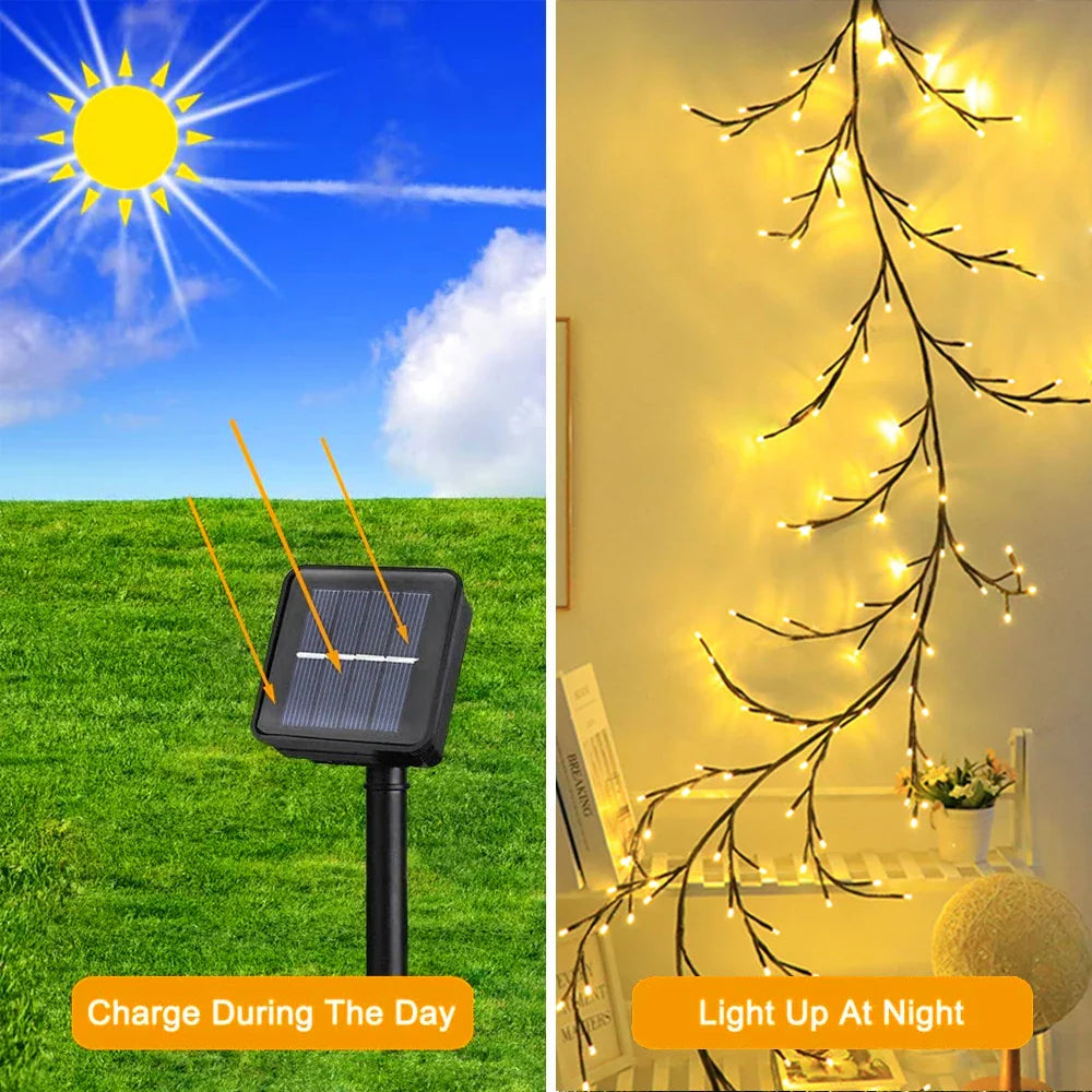 96LED Lumières de Noël DIY à énergie solaire et USB pour arbres et vignes - 8 modes lampe décorative blanche chaude pour Noël et décoration de fête à la maison