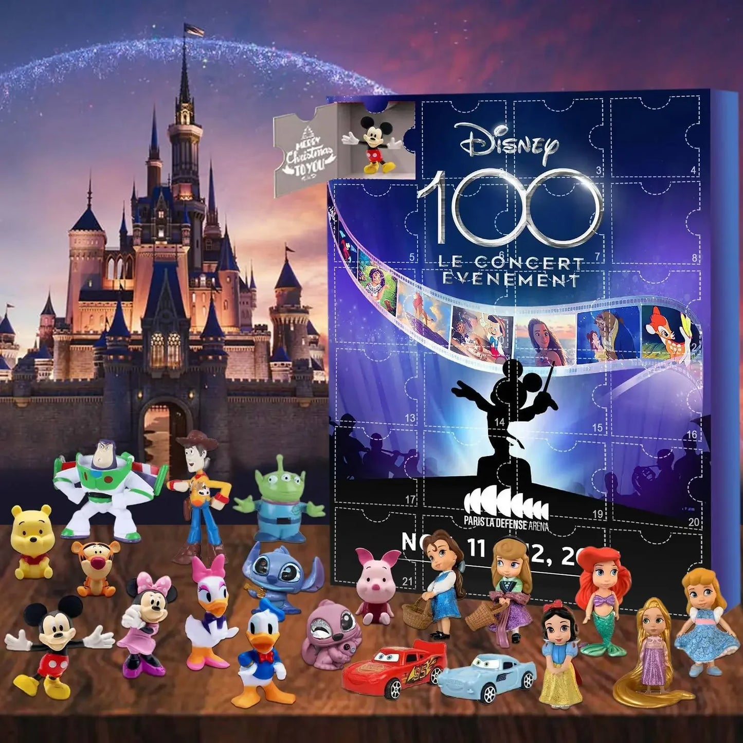 Calendrier de l'Avent de Noël 2024 avec des jouets Mickey, Minnie, Stitch et Hello Kitty pour enfants