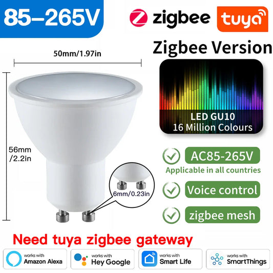 Ampoules LED sans fil Tuya Zigbee GU10 - RGB Dimmable Contrôle appareil WiFi via les applications SmartLife Google Alexa