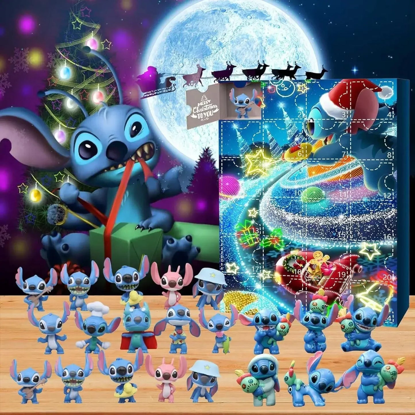 Calendrier de l'Avent de Noël 2024 avec des jouets Mickey, Minnie, Stitch et Hello Kitty pour enfants