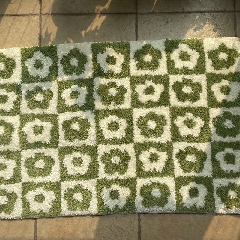 Tapis en laine douce tufté avec motif à carreaux floraux – Tapis de sol antidérapant et absorbant pour la salle de bain, la chambre et l'entrée