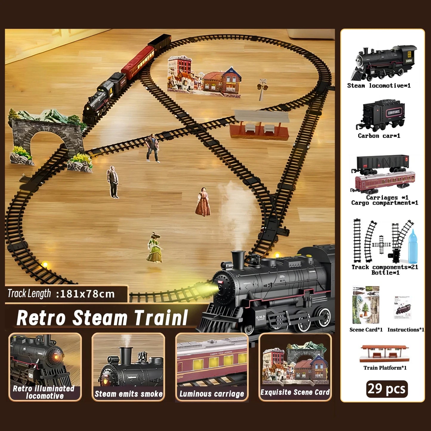 Train Set avec Lumières & Sons - Jouet Locomotive Interactif pour Enfants Alimenté par Batterie Électrique à Vapeur