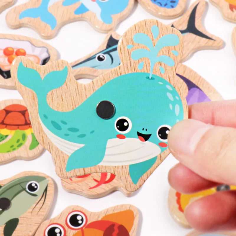 Jeu de pêche en bois Montessori interactif - Jouet d'apprentissage sur la vie marine magnétique pour enfants, engagement parent-enfant, design écologique
