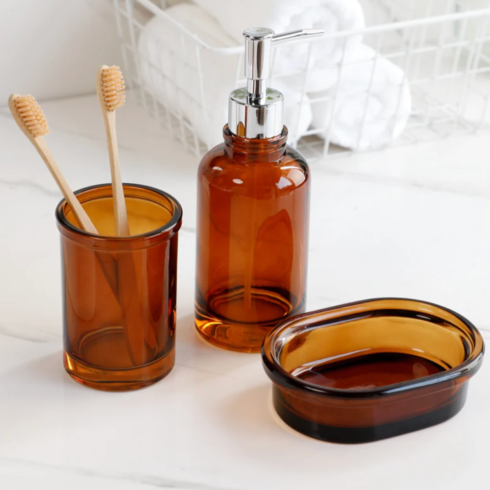 Floroux Glass Bathroom Set | 4 Pieces | Elegant Apothecary Design | Soap Dispenser, Toothbrush Holder and Accessories