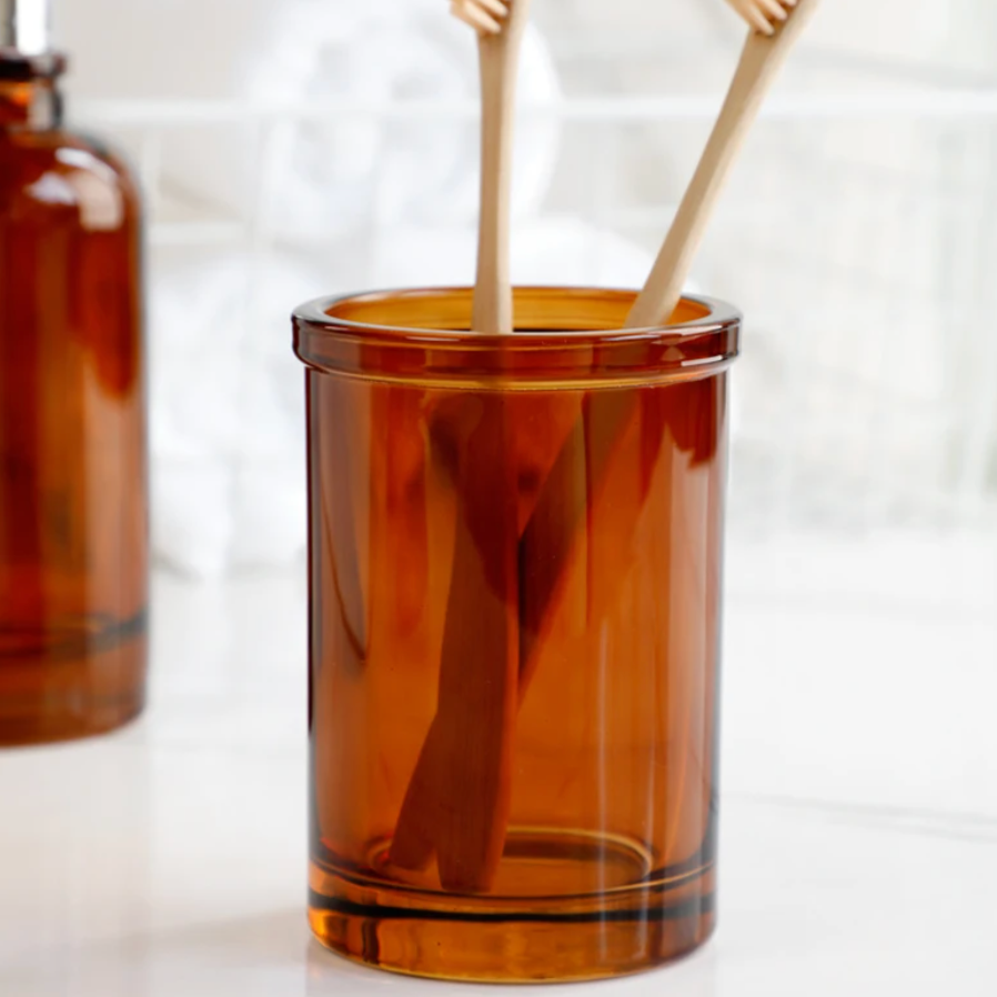 Floroux Glass Bathroom Set | 4 Pieces | Elegant Apothecary Design | Soap Dispenser, Toothbrush Holder and Accessories