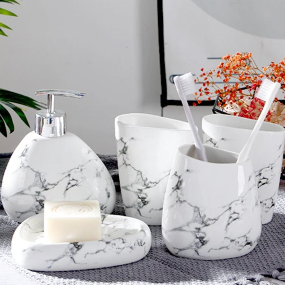 Floroux Set de salle de bain 7 pièces | Design en marbre élégant | Accessoires de bain luxueux et pratiques