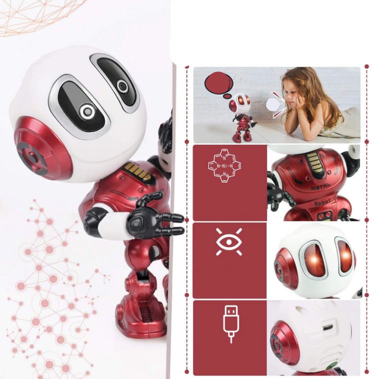 Robot parlant pour enfants – Rechargeable via USB, yeux LED, support de téléphone et de stylo – Jouet