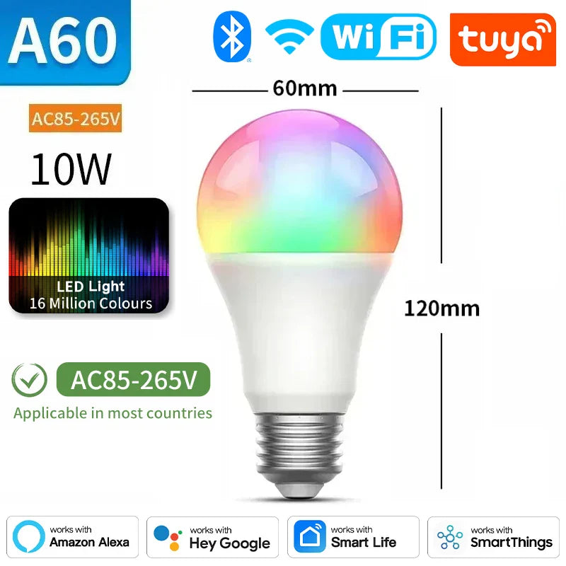 Ampoule Intelligente Tuya E27 10W 15W - RGB Dimmable Contrôle WiFi Bluetooth via SmartLife Google Alexa Apps