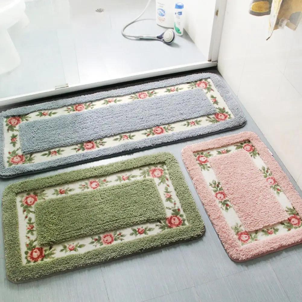 Tapis de salle de bain de style maison de campagne avec motif de rose - Tapis rectangulaire moelleux antidérapant et absorbant l'eau pour portes et sols