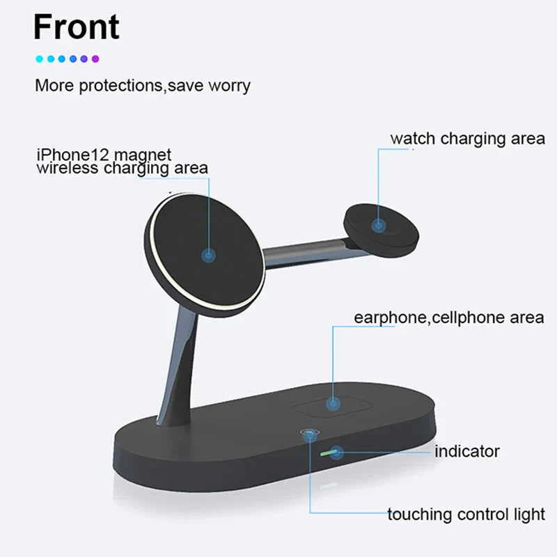 15W 4in1 MagSafe Qi Support de Charge sans Fil pour iPhone et Samsung - Chargeur de Bureau Rapide