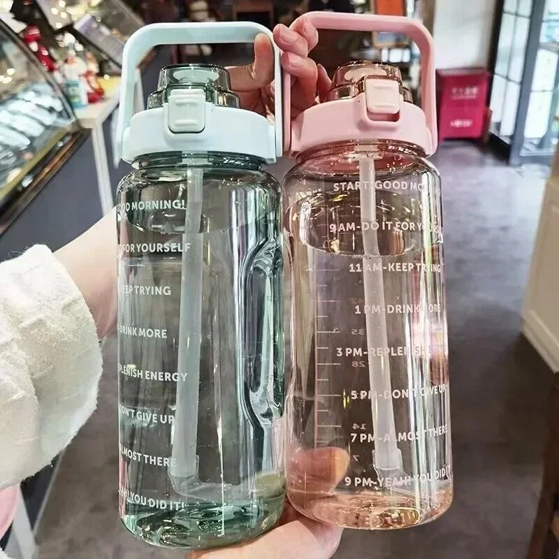 HydroMax – Bouteille d’Eau Portable 2L avec Paille, Indicateur de Temps et Grande Capacité