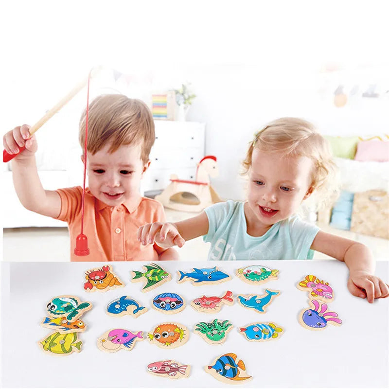Jeu de pêche en bois Montessori interactif - Jouet d'apprentissage sur la vie marine magnétique pour enfants, engagement parent-enfant, design écologique
