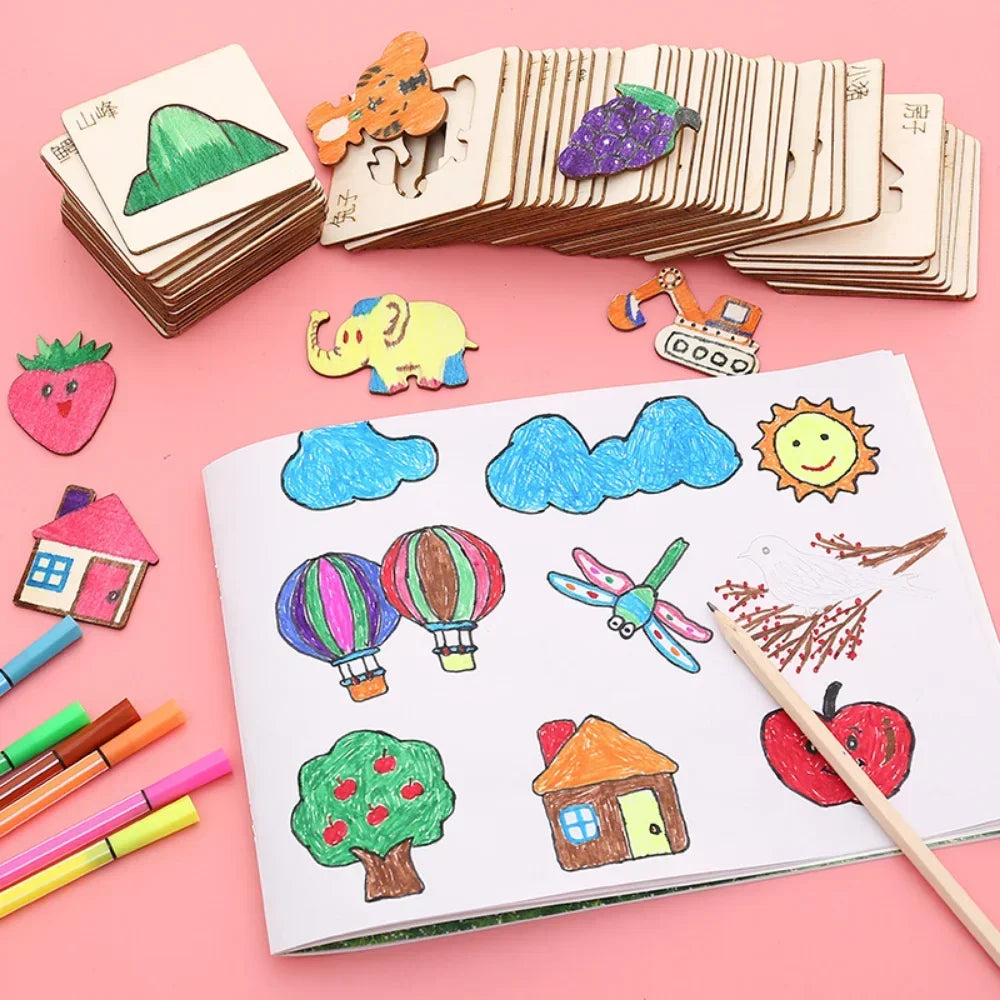 Ensemble de pochoirs art en bois DIY pour enfants - Outils de peinture et de dessin créatifs, fournitures d'art éducatives
