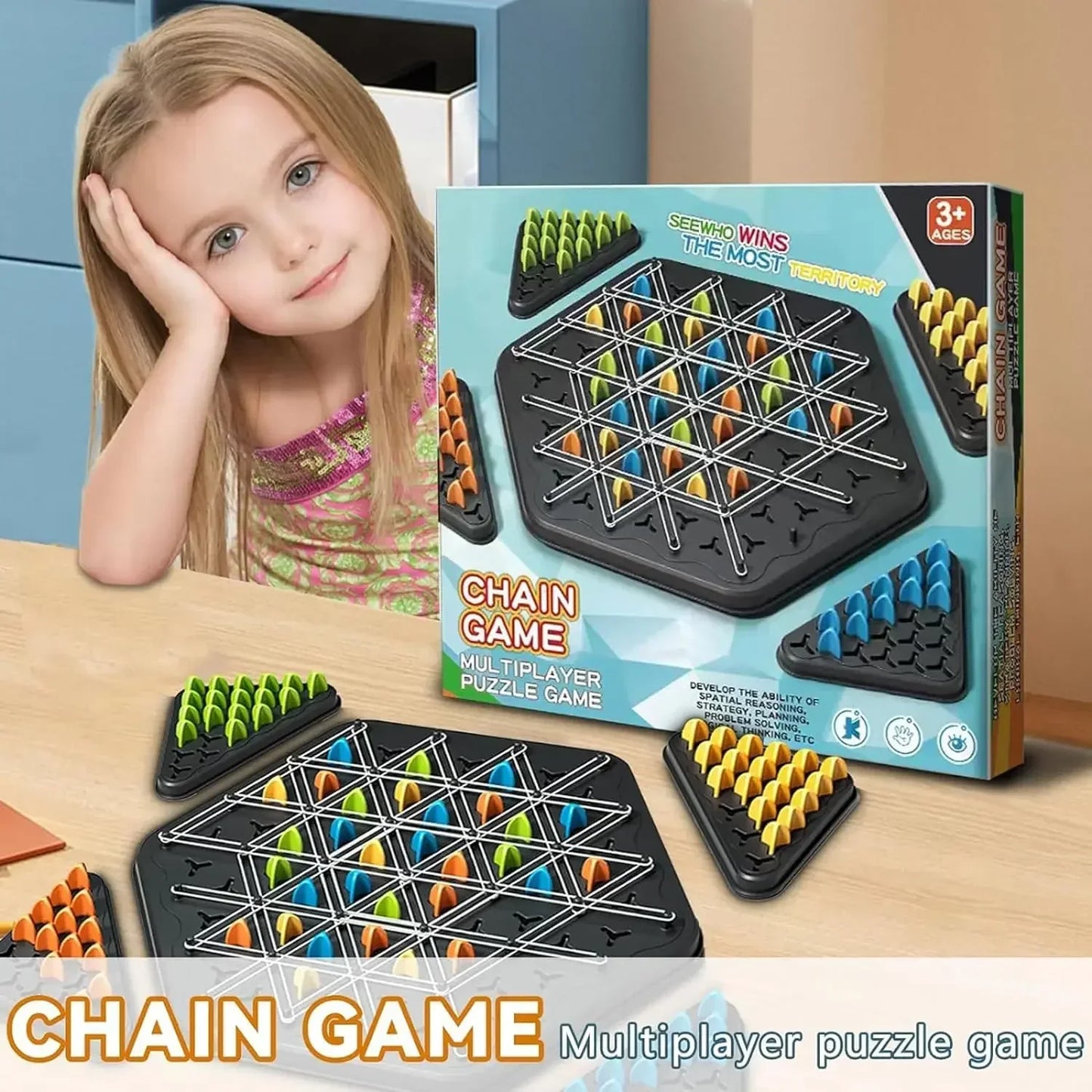 Jeu d'échecs Triangle Strategy pour 2-4 joueurs - Jeu de société amusant en famille pour enfants et adultes avec défi de bande en caoutchouc