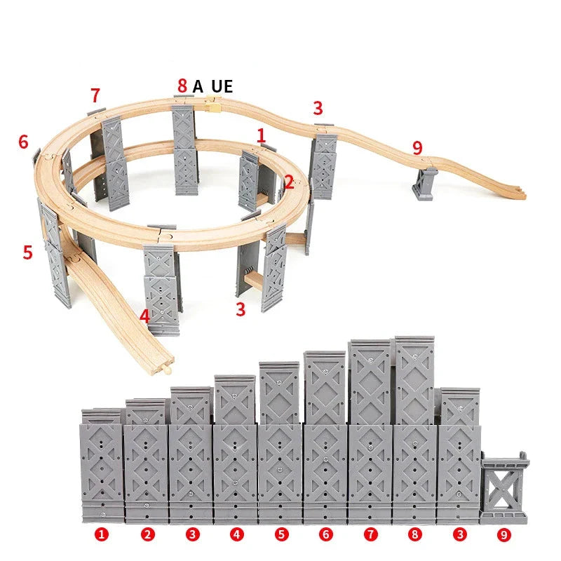 Set de rails de train en bois avec pistes en spirale et piliers de pont - 26 pièces Cadeau écologique pour enfants