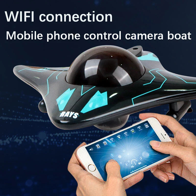 Bateau téléguidé mini WiFi avec caméra sous-marine - Transmission en temps réel, portée de 15 m, parfait pour les cadeaux de Noël des enfants