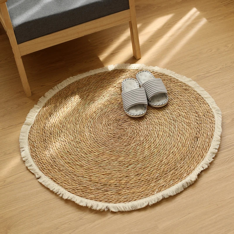 Tapis rond en jute et rotin fait main avec franges – tapis vintage pour chambre, salon et entrée
