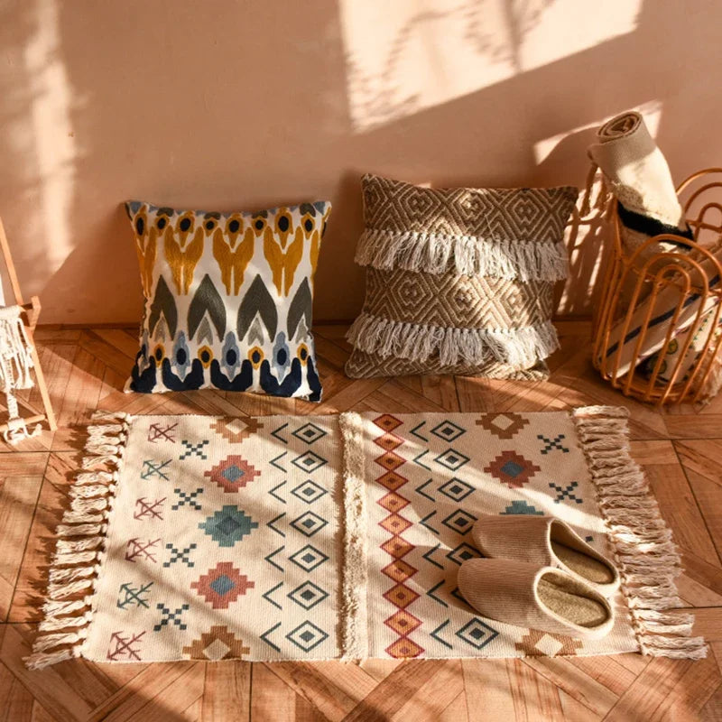 Tapis tissé à la main rétro-bohème 60x90 cm – Tapis à franges pour salon et décoration intérieure